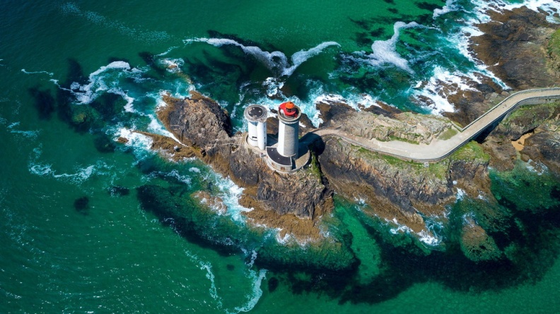 Aerial view of Rade de Brest and lighthouse Petit Minou, Brest, Finistère, France